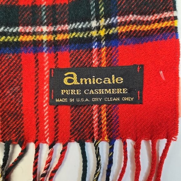 Amicale 100% Cashmere Scarf 12" x 52" Red Tartan Plaid Fringed Made in USA - Picture 2 of 3